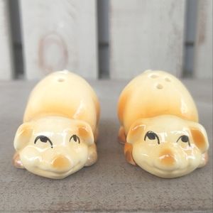 Vintage 1980's Ceramic Yellow Farm Pigs Laying Down Salt & Pepper Shaker Set